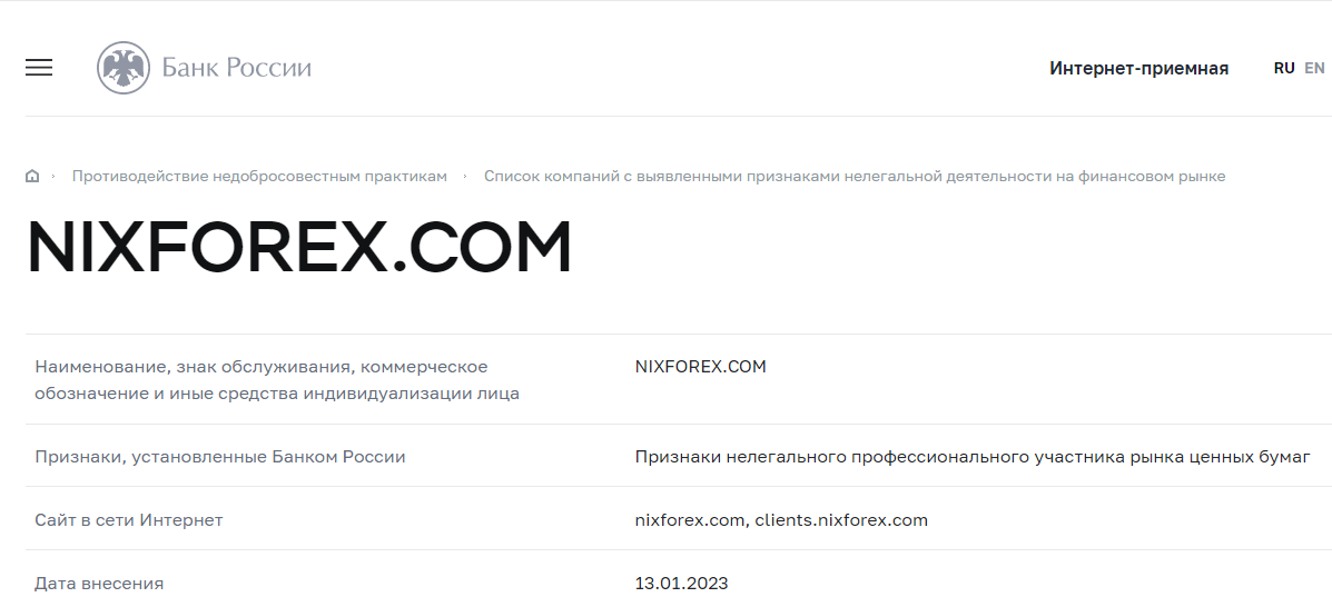 NixForex_черный список Центробанка