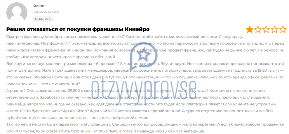 Франшиза Кинейро - отзыв 3