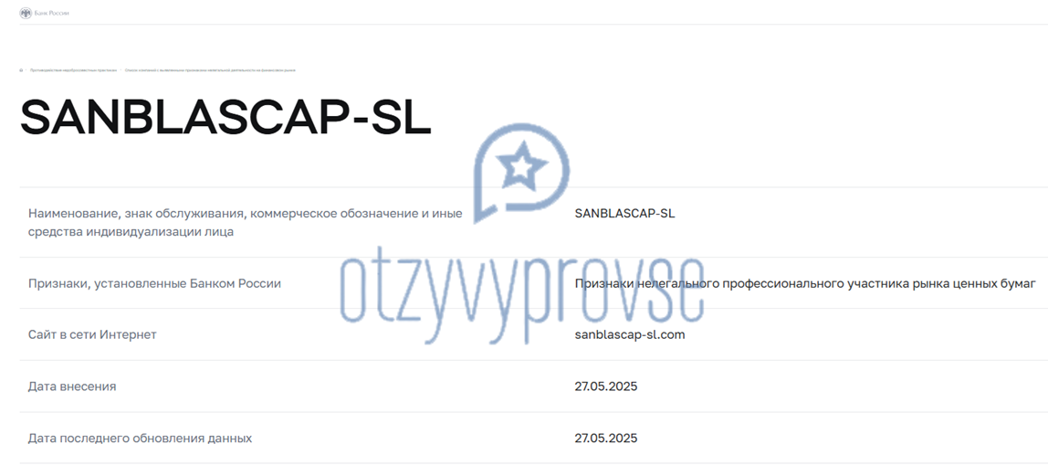 SAN BLAS CAPITAL SL - реестр ЦБ